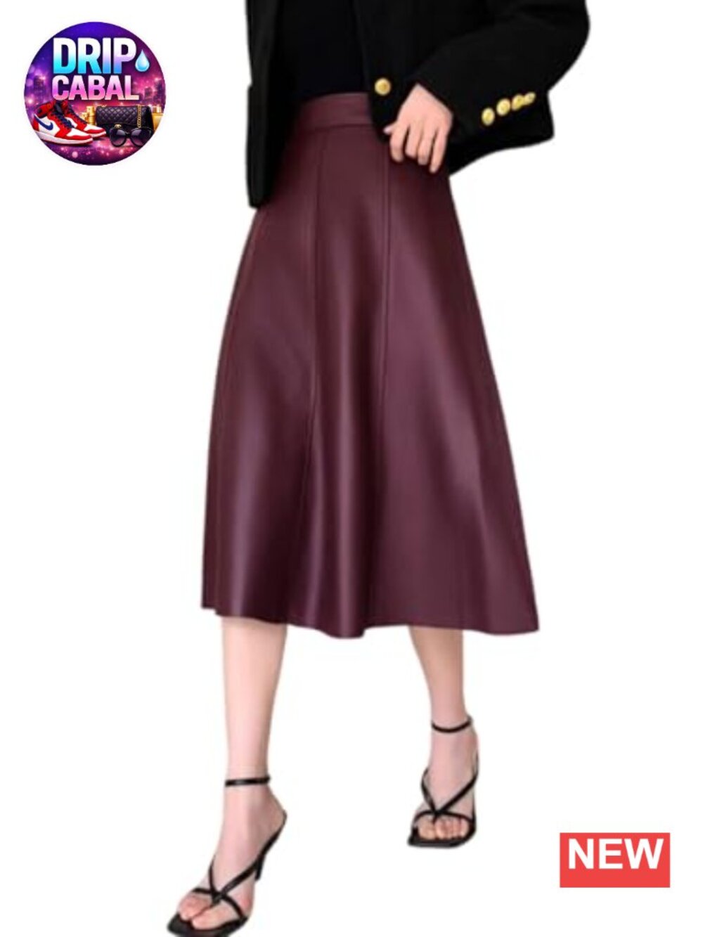 Women's High Waisted A-Line Midi Faux Leather Skirt with Ruffled Hem
